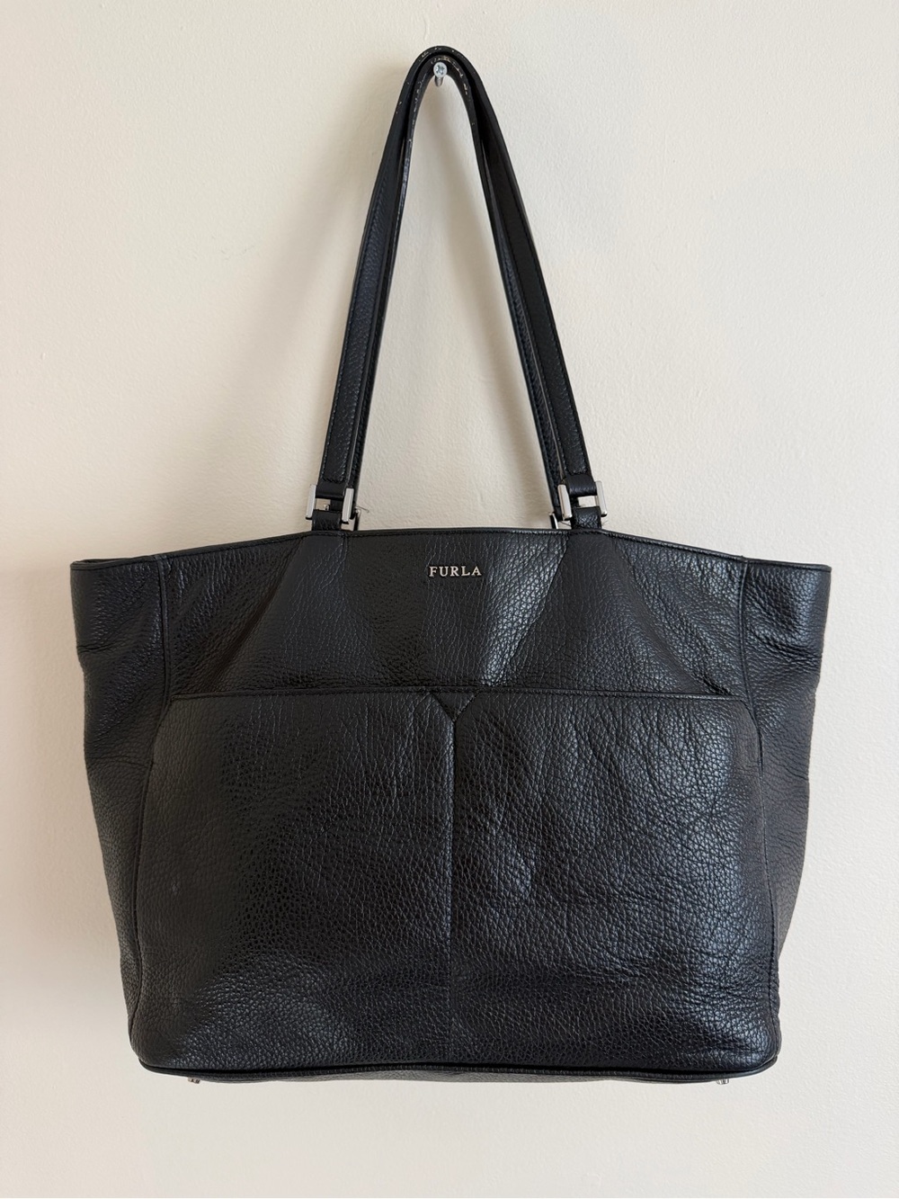 FURLA Black Italian Genuine Pebbled Leather Large Tote